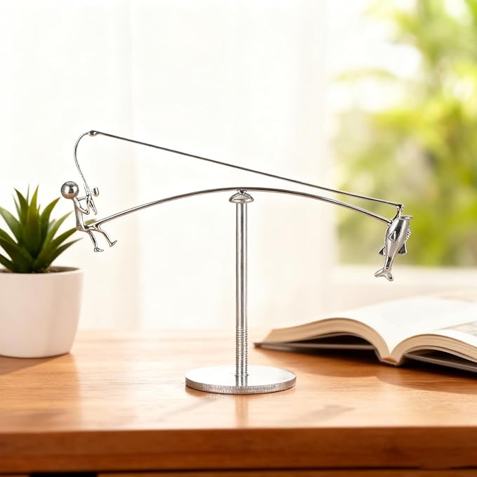 Kinetic Fishing Sculpture - Fisherman Balancing Kinetics Sculpture, Balance Art for Your Space, Stainless Steel Kinetic Balancing Desk Toy for Home Office Art Deco (1PCS)