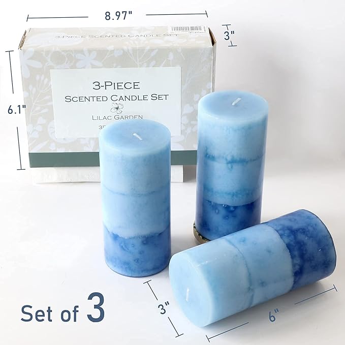 Lilac Scented Pillar Candles - 3 Pack Blue Layered 3x6 Inch Long-Lasting Clean Burning Decorative Candle for Home Decor and Bathroom Decorations