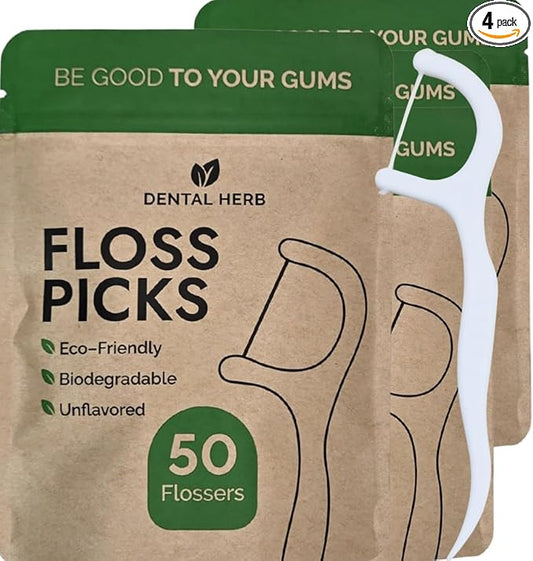 Dental Herb Company Biodegradable Dental Floss Picks, 200 Count (4×50) - Unflavoured, Plant-Based, Plastic-Free & BPA-Free Tooth Flossers, Vegan & Eco-Friendly Oral Care