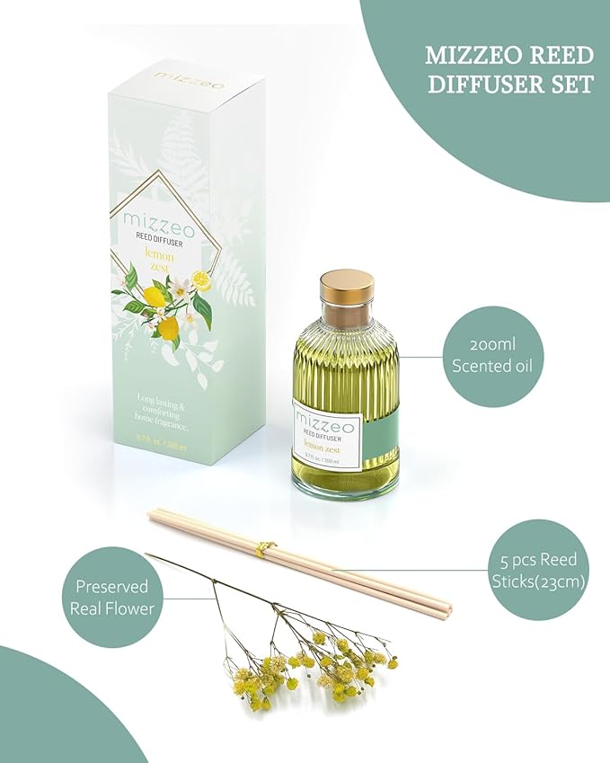 MIZZEO Reed Diffuser Set, Lemon Zest 6.76 fl oz Highly Scented Room Diffuser Home Fragrance Essential Oil Reed Flower Diffuser, House Bedroom Office Decor & Gifts