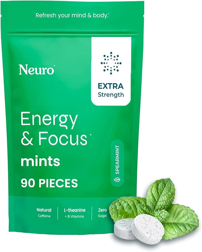 NeuroGum Extra Strength Energy & Focus Mints (Spearmint, 90 Pieces) | 100mg Natural Caffeine + L-Theanine + Vitamin B12 & B6 | Sugar Free Nootropic Cognitive Brain Performance Supplement