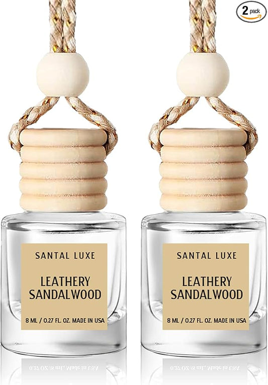 Car Air Freshener Hanging 2 Pack, Leathery Sandalwood Essential Oil Diffuser, Car Air Fresheners for Women, 45+ days Long Lasting Air Freshener for C ar, C ar accessories, Made in USA