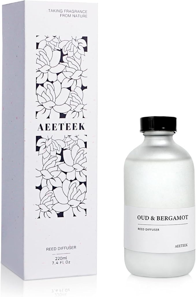 Oud Bergamot Reed Diffuser, 7.4oz(220ml) Orange & Cedar Wood Essential Oils, Air Freshener for Bathroom with Willow Branches Decor, Long Lasting Fragrance for Home, Office (1-Pack)