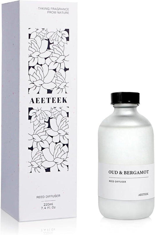 Oud Bergamot Reed Diffuser, 7.4oz(220ml) Orange & Cedar Wood Essential Oils, Air Freshener for Bathroom with Willow Branches Decor, Long Lasting Fragrance for Home, Office (1-Pack)