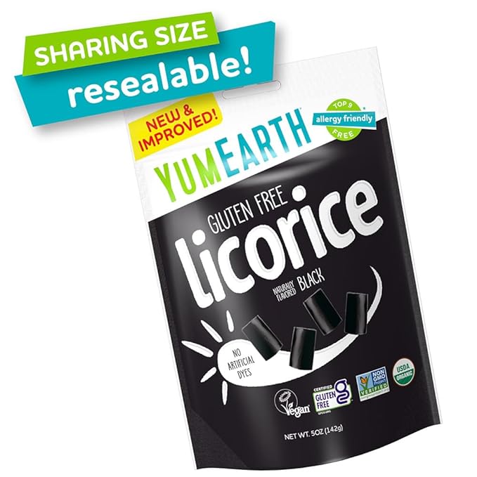 YumEarth Organic Gluten Free Black Licorice Snack Packs - Allergy Friendly, Gluten Free, Non-GMO, Vegan, No Artificial Flavors or Dyes - 5 Ounce (Pack of 6)