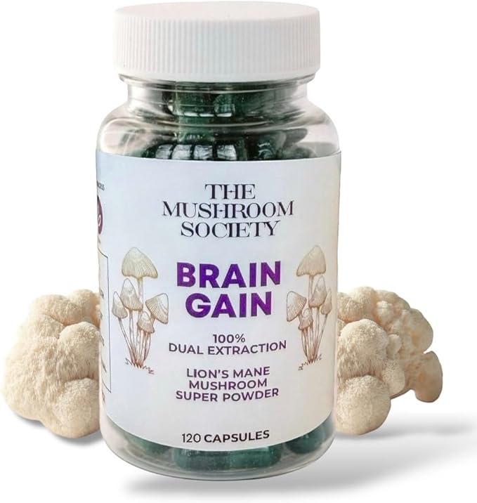 Brain Gain Lion’s Mane Supplement - 1000 mg Organic Dual Extraction with 30% Beta-Glucans for Memory, Focus & Brain Health - 120 Vegan Capsules