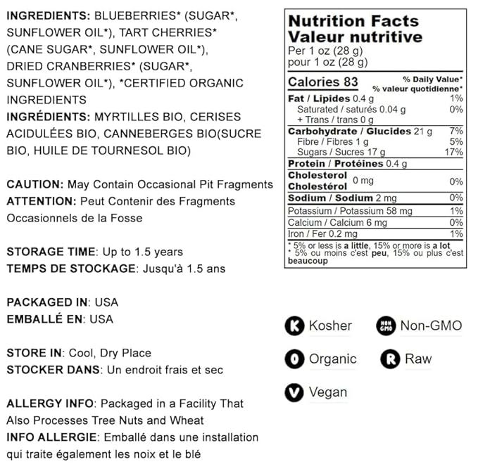 Food to Live - Organic Mixed Berries, 4 Pounds - Non-GMO Dried Blueberries, Cranberries, and Tart Cherries, Kosher, Lightly Sweetened, Unsulfured, Bulk