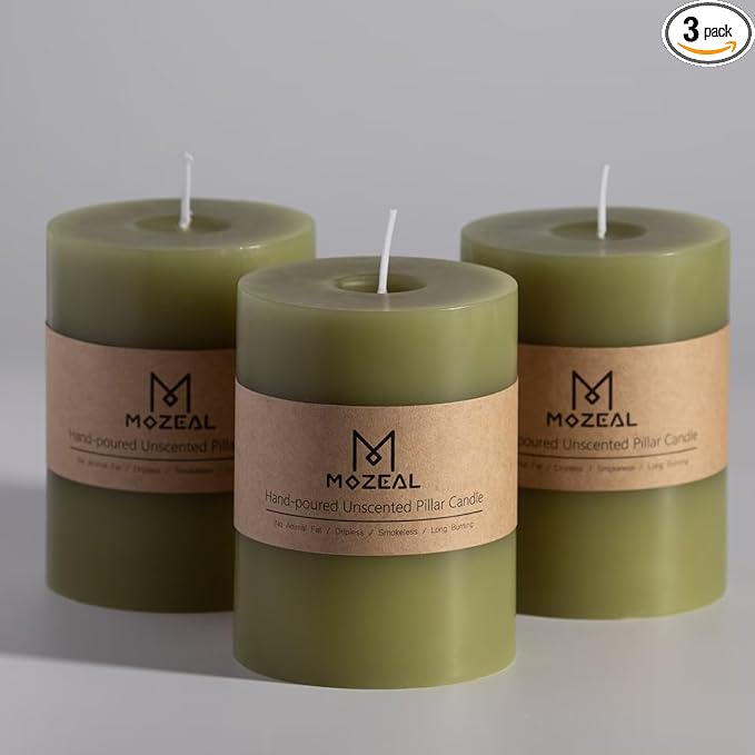 MOZEAL 3" x 4" Hand-Poured Unscented Olive Green Candle, Dripless Moss Green Pillar Candle Set of 3, Long Clean Burning, Approx 72 Hours Burn Time, Rustic Country Style, Home Decor