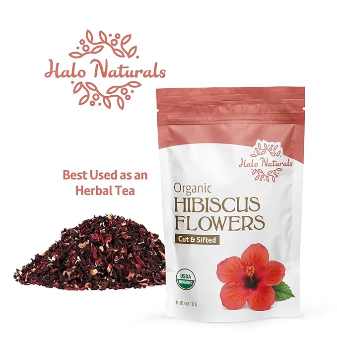 Halo Naturals Organic Hibiscus Flowers Cut & Sifted, 4 Ounces (Hibiscus sabdariffa) USDA Certified | Resealable Pouch| Packaged in The USA