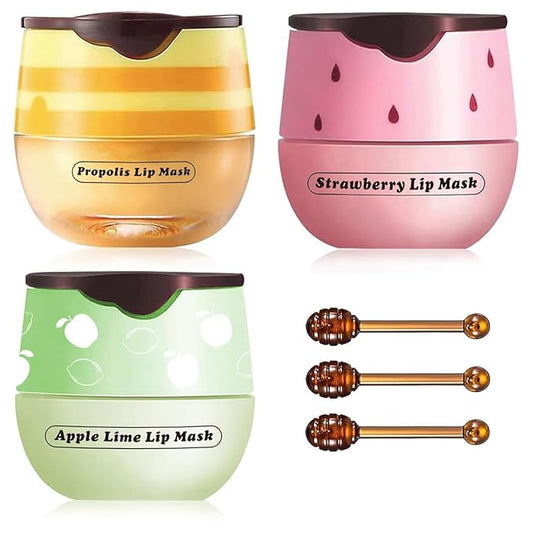 3 Packs Fruit Lip Balm, Moisturizing & Smoothing Lip, Hydrate Repair Prevent Dry Cracked Lip Sleeping Lip Mask, Effective Reduces Lip Lines Lip Care (Honey & Strawberry & Apple)