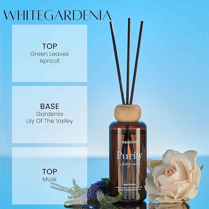 M&SENSE White Gardenia Reed Diffuser: 6.3 fl oz Lemon & Linen Scented Aroma Set with Light & Subtle Fragrance, Non-Toxic Natural Essential Oil Gifts for Bedroom Shelf Decor Small Spaces