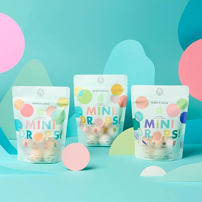Dabble & Dollop Mini Bath Bombs, 100% Natural Droplets for Kids, Variety Pack - Resealable Pouches, USA Made, Fizzy, Moisturizing & Fun, Vegan, Gluten-Free, Cruelty-Free (Set of 36)