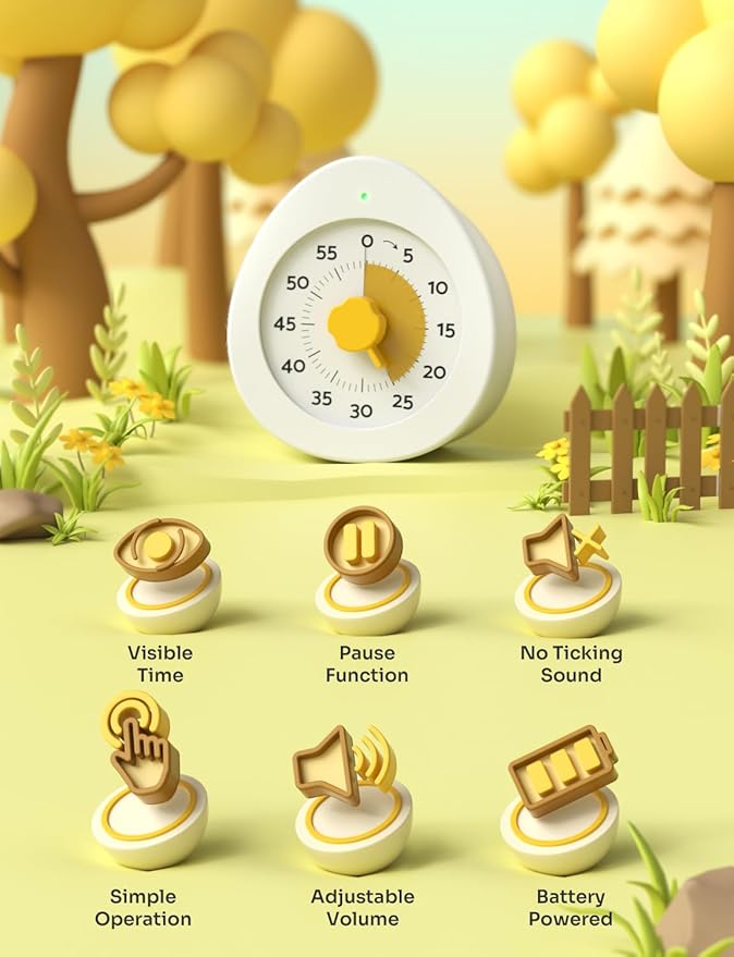 LIORQUE Visual Timer for Kids, 60-Minute Countdown Kitchen Timers for Cooking, Kids Timer with Silent Operation & Countdown Pause for Teaching Classroom Office