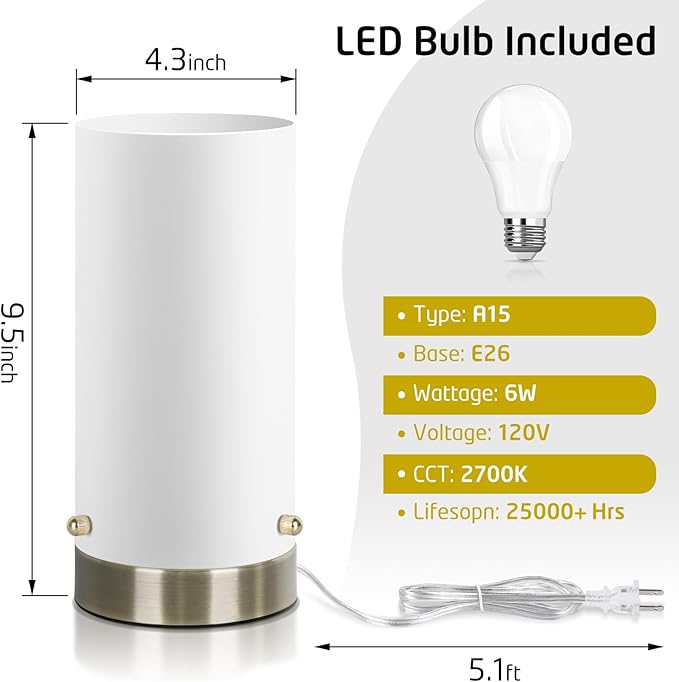 Bedside Touch Control Table Lamp for Bedroom 3 Way Dimmable Nightstand Lamp with Round Glass Shade for Living Room Kids Room Dorm Home Office(LED Bulb Included).