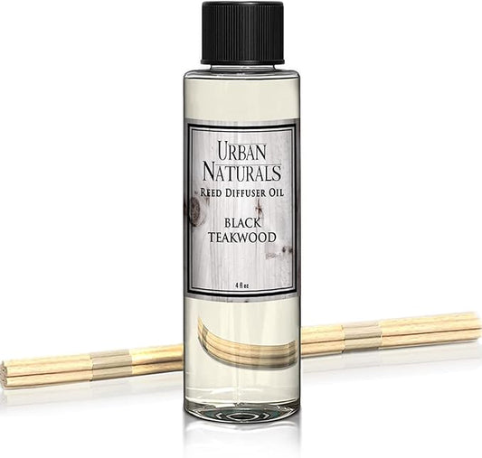 Urban Naturals Black Teakwood Reed Diffuser Oil and Sticks Set Refill | Includes a Free Set of Reed Sticks! Fresh Herbs, Birch, Pear, Sage & Amber Fragrance Notes | 4 oz.
