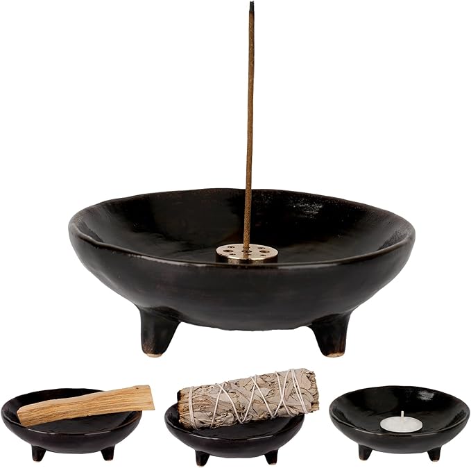 Incense Holder, Ceramic Burner Bowl with 9-Hole Insert, Tripod Design & Ash Catcher, for Sticks, Cones, Sage & Palo Santo – Handmade, Heat-Resistant & Easy to Clean, 6.15-Inch (Black)