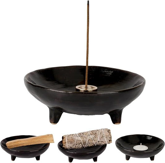Incense Holder, Ceramic Burner Bowl with 9-Hole Insert, Tripod Design & Ash Catcher, for Sticks, Cones, Sage & Palo Santo – Handmade, Heat-Resistant & Easy to Clean, 6.15-Inch (Black)