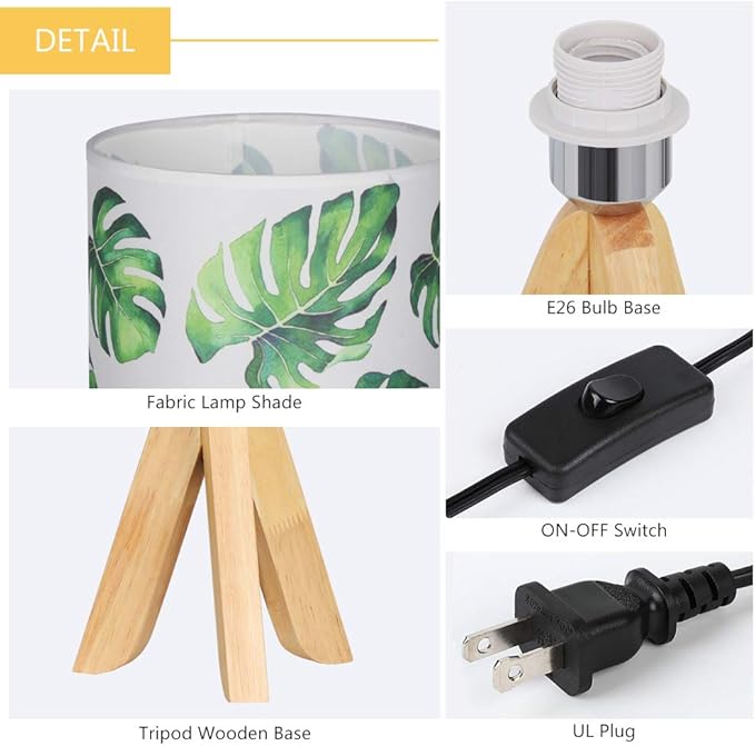 HAITRAL Small Table Lamp - Tripod Nightstand Lamp, Modern Bedside Desk Lamp for Kids Room, Girls Room, Bedroom, Dorm Room, Office with Wooden Base Fabric Lamp Shade
