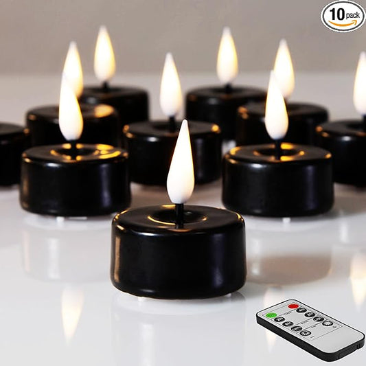 Eywamage Black Halloween Flameless Tealights with Remote Batteries, Real Wax Flickering LED Tea Votive Candles Set of 10