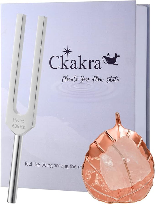 Ckakra Solfeggion Tuning forks with Natural Crystal Kit,Mindfulness Meditation Accessories,Rose Quartz,Calming Tools,639hz Heart Chakra,Bodhi Leaf