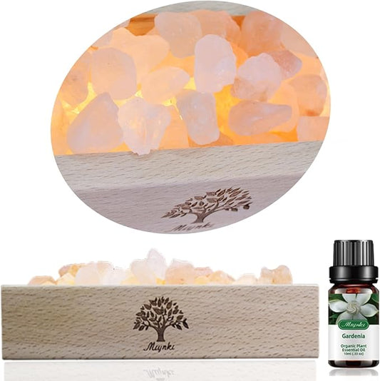 Himalayan Salt Lamp Diffuser - 300g Pink Salt with Wood Base, USB Powered, Warm Light & 10ml Gardenia Essential Oil Set for Aromatherapy, Relaxation, Meditation, Home Decor, Gifts