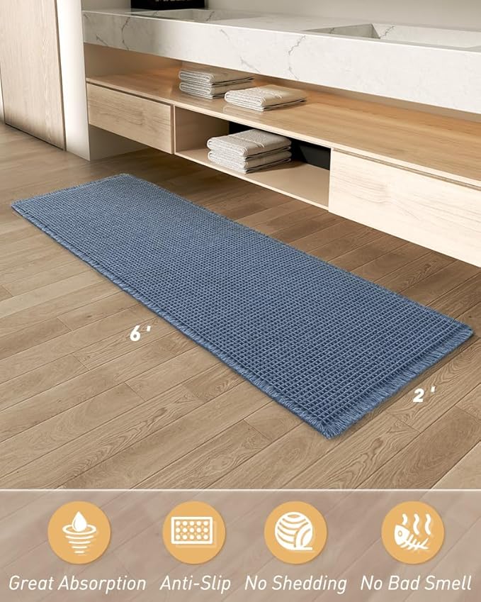 AMOAMI Upgraded Waffle Runner Rug Super Absorbent Non Slip Bath Mats for Bathroom Machine Washable Bathroom Runner Rug with Tassels, Ideal for Hallway Bedroom Laundry Room, 2'x 6'(24" x 72"), Blue