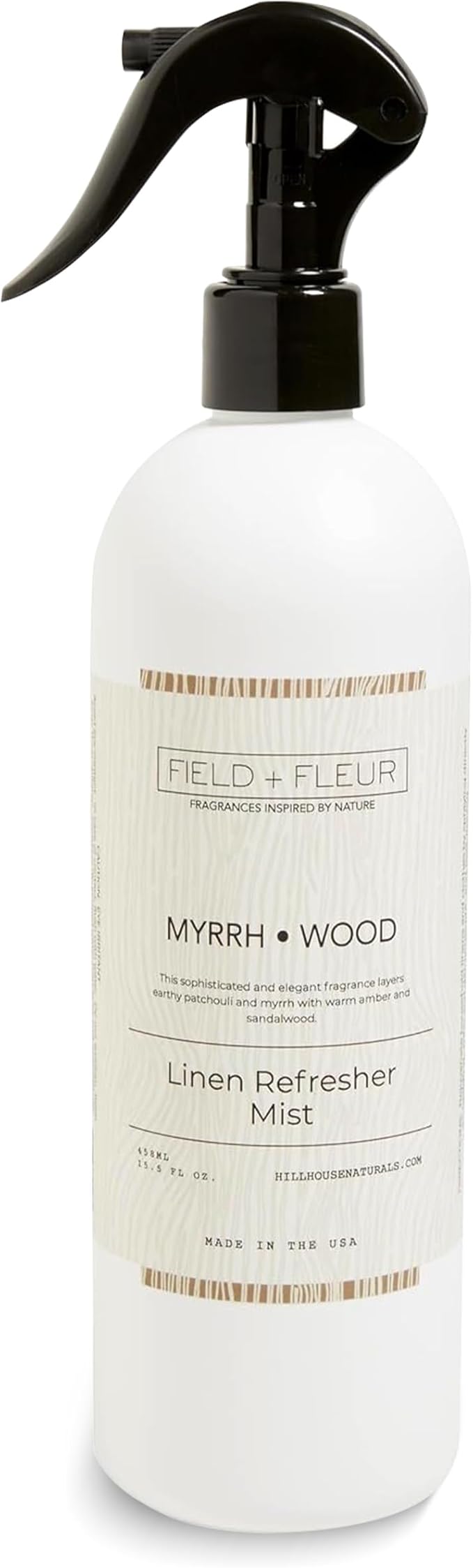 FIELD FLEUR Myrrh Wood Linen & Room Spray 15.5 oz - Aromatic & Refreshing Bedding & Fabric Mist - Air Freshener for Clothes & Sofas - Notes of Patchouli, Myrrh, Amber & Sandalwood - Made in USA