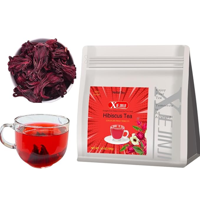 XIEJINJI Hibiscus Tea, Natural Dried Hibiscus Flowers, Herbal Tea, 3.5oz/100g Refreshing Tart Flavor, Caffeine Free, Resealable Bag