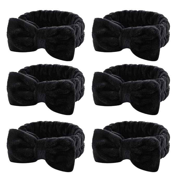 WHAVEL 6 Pack Spa Headbands - Black Microfiber Bowtie & Soft Bowknot Fluffy Elastic Hair Bands - Cosmetic Coral Fleece Shower Headbands