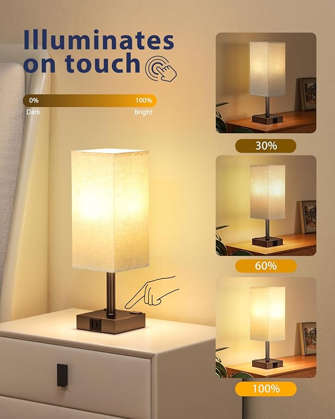 Brown Touch Table Lamp - Bedside Lamp with USB A + Type C Charging Ports and Two AC Outlets, Small Night Stand with E26 LED Bulb, Desk Light for Bedroom Living Room Office Dorm