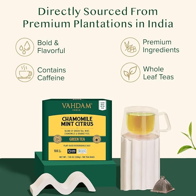 VAHDAM, Chamomile Mint Citrus Green Tea Bags (100 Count) Low Caffeine, Non GMO, Gluten Free | Sweet & Floral | Resealable Ziplock Pouch | Chamomile Tea Bags
