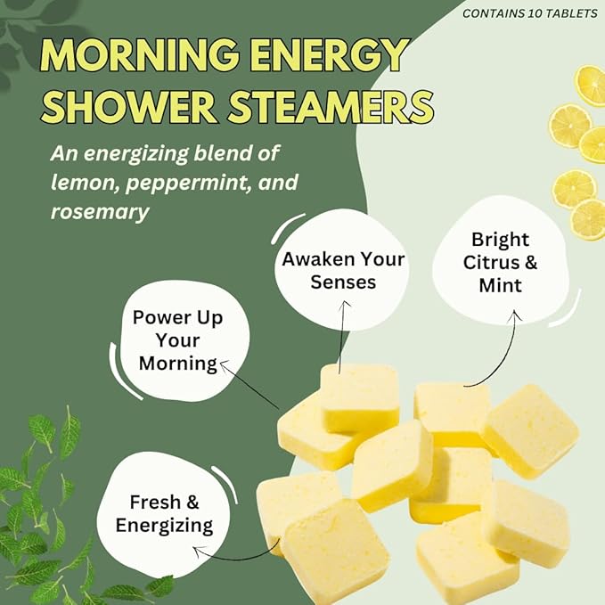 Morning Energy Shower Steamers Aromatherapy for Energy - USA Made - Peppermint & Lemon Shower Bomb Tablets – Christmas Gift - Adult Stocking Stuffer – Soothing Natural Essential Oils (10 Pack)