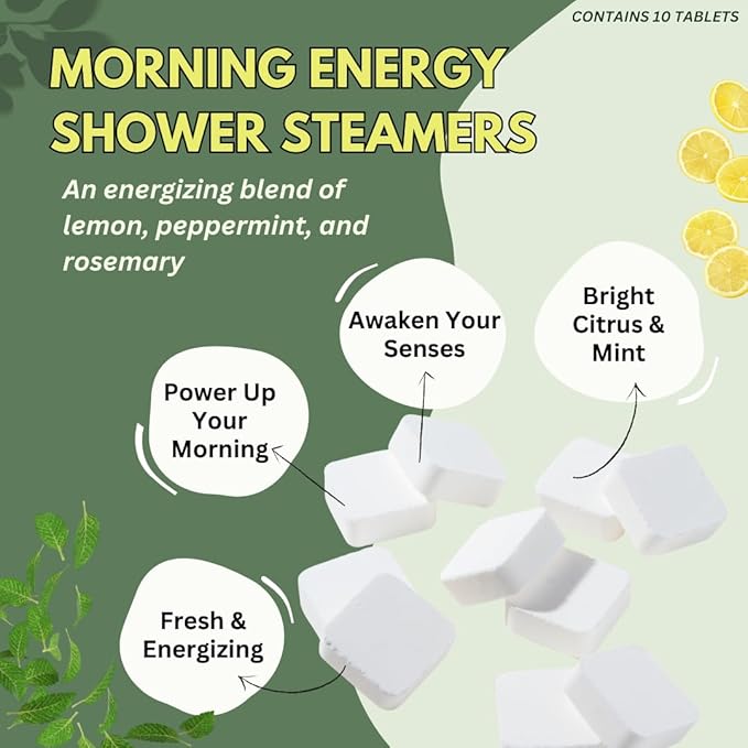 Morning Energy Shower Steamers Aromatherapy for Energy - USA Made - Peppermint & Lemon Shower Bomb Tablets – Christmas Gift - Adult Stocking Stuffer – Soothing Natural Essential Oils (10 Pack)