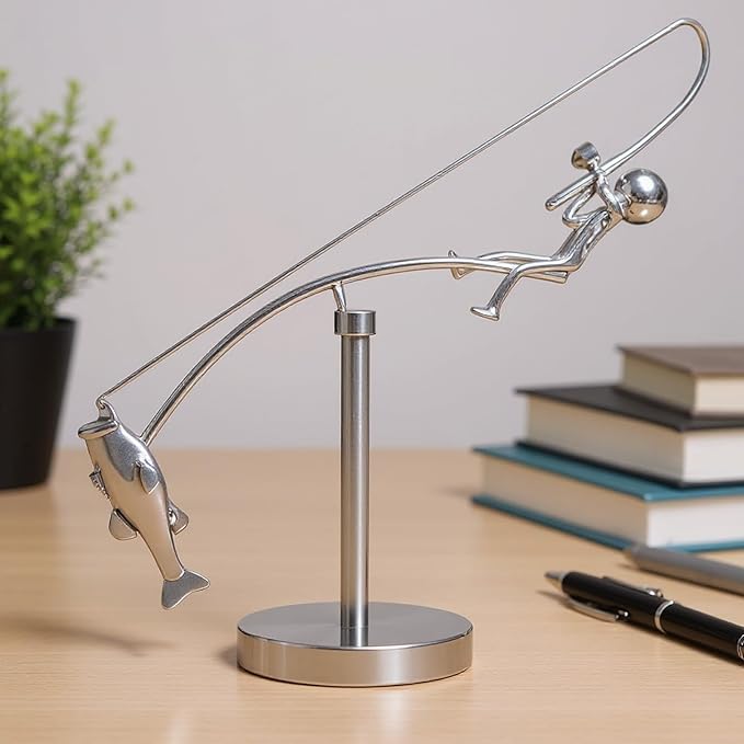 Kinetic Fishing Sculpture, Balance Art for Your Space, Metal Fishing Statue Home Office Desktop Ornament for Home Office Art Deco-B