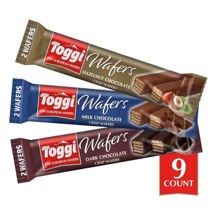 TOGGI Fine European Chocolate Wafers, Variety Snack Box, Milk Chocolate, Dark Chocolate, and Hazelnut (1.75 oz 9 Count)