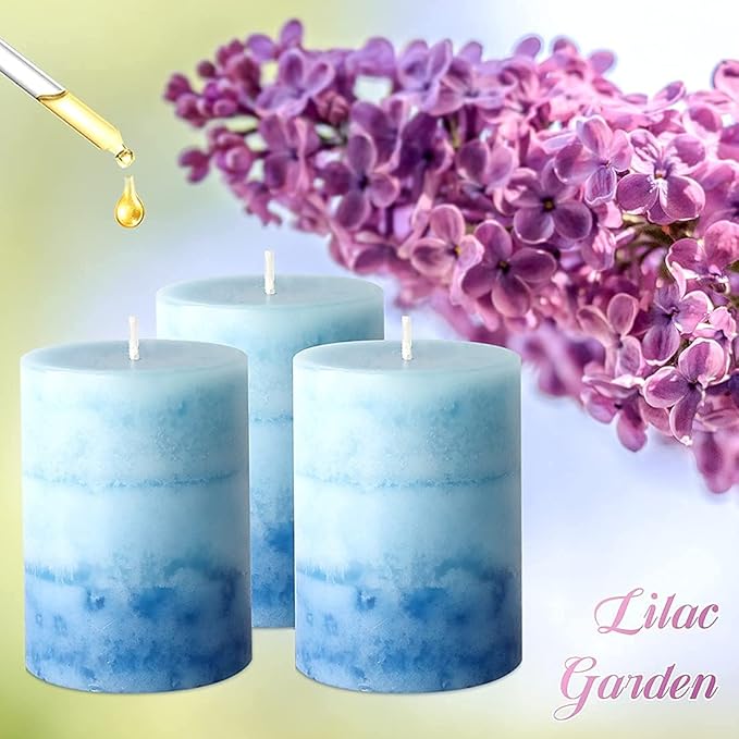 3x4 inch Blue Pillar Candles for Home Scented 3 Pack Lilac Garden Scented Long-Lasting Hand-Poured Candle Coastal Decoration Gifts for Women Wedding Party Shower Bathroom Decor