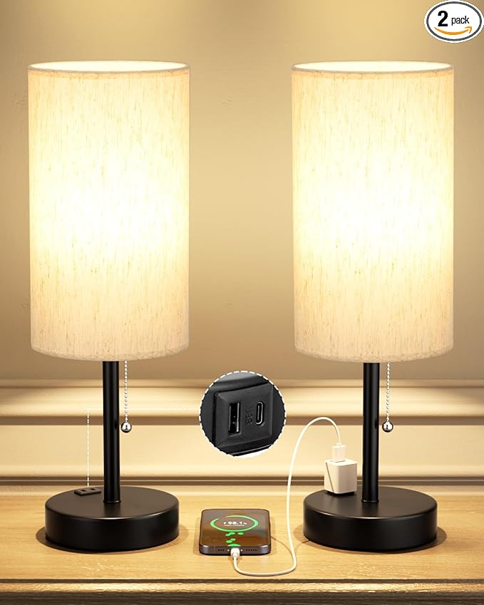 Fenmzee Plus Bedside Table Lamps Set of 2-3 Color Temperatures Pull Chain Lamp with AC Outlet Charging Port, Round Night Stand Lamps for Bedroom Guest Room Office, Bed Side Light with E26 LED Bulbs