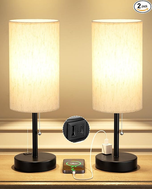 Fenmzee Plus Bedside Table Lamps Set of 2-3 Color Temperatures Pull Chain Lamp with AC Outlet Charging Port, Round Night Stand Lamps for Bedroom Guest Room Office, Bed Side Light with E26 LED Bulbs