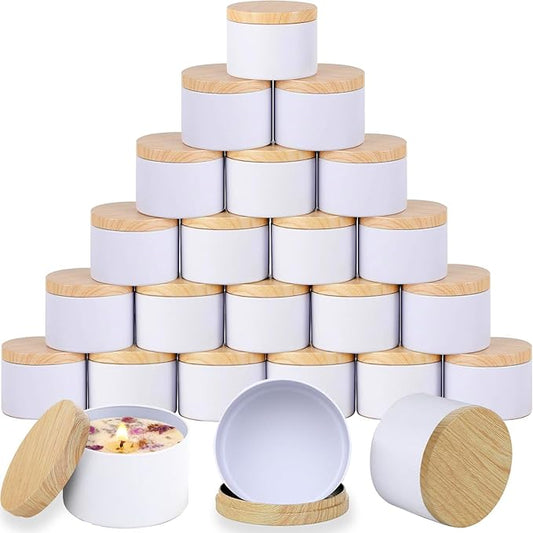 ABK 4oz White Candle Tins, 24 PCS Matte Mental Jars With Wood Grain Lids for Making, Bulk Containers
