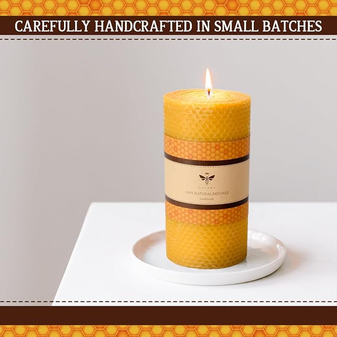 Beeswax Pillar Candle - 3×6 in Handmade Pure Beeswax Rolled Candle for Gift & Home Decor