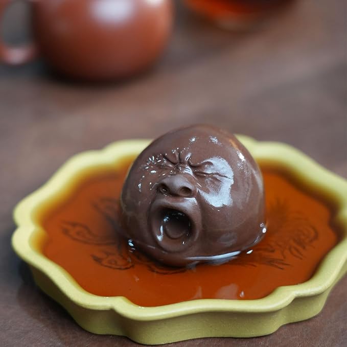 Funny Yawning Face Tea Pet, Zisha Chinese Gongfu Tea Pet, Handmade Purple Clay Teapet, Kungfu Tea Tray Ornament Accessories, Head Figurine Unique Gifts for Tea Lovers