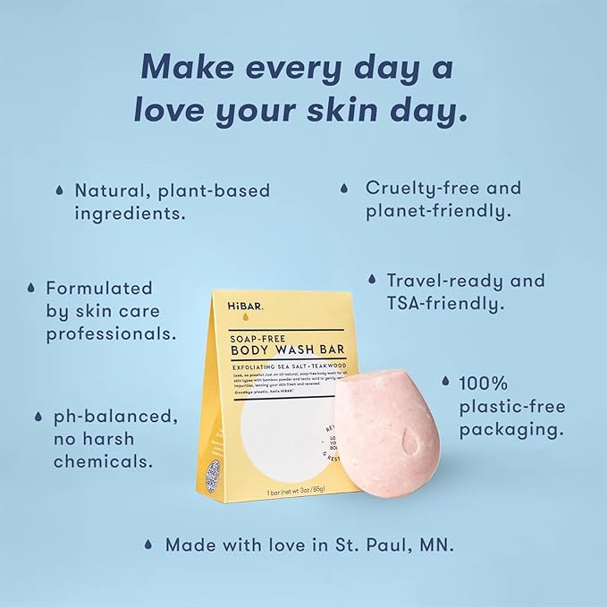 HIBAR - Exfoliate Solid Body Wash Bar - Revive & Restore - With Bamboo Powder & colloidal oat - Daily Use & Sensitive Skin - Plastic, Paraben & Soap-Free - Vegan - Sea Salt + Teakwood