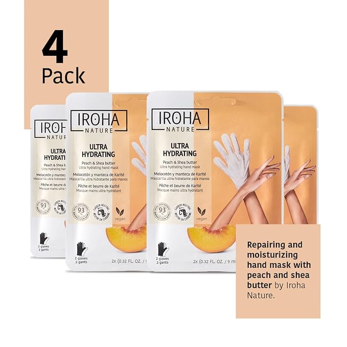 IROHA NATURE Repairing Hand Mask Gloves | 4 Pairs | Peach & Shea Butter | Hydration & Repair for Damaged & Cracked Hands | Vegan & 93% Natural Ingredients