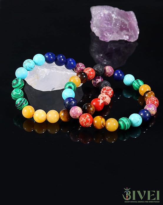 Bivei Natural Gemstone Semi Precious Healing Crystals Handmade Stretchy Round Beads Bracelet, Enhance Positive Energy