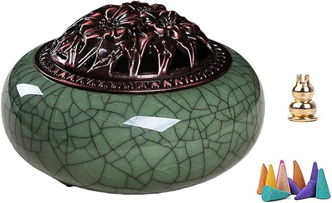 Ceramic Incense Burner Set with Brass Gourd Holder, Smudging Bowl for Incense Sticks, Cones, Sage, Frankincense & Palo Santo, Portable Ash Catcher for Home, Meditation, Yoga and Gift Giving (03)