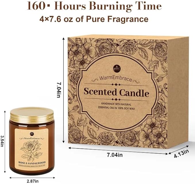 WarmEmbrace Lavender Candles, 4-Pack Scented Candle Set for Women, 7.6 oz Natural Organic Soy Wax in Glass Jar, 160 Hours Long-Lasting Burn, Perfect for Mom Girl Friend Birthday Gifting (4 Fragrance)