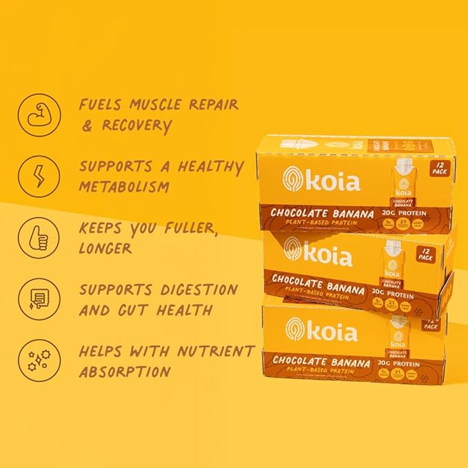 Koia Plant Based Protein Shake, Chocolate Banana, 20g Protein, 5g Sugar, 6g Prebiotic Fiber, 21 Vitamins & Minerals, Meal Replacement Drinks, Dairy-Free, Gluten-Free, Non-GMO, 11 Fl Oz (Pack of 12)