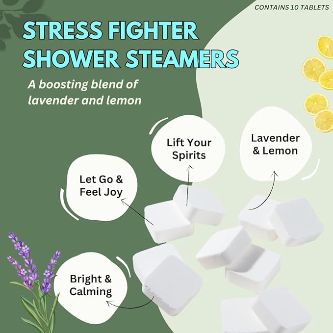 Stress Fighter Shower Steamers Aromatherapy for Relaxing - USA Made - Lavender & Lemon Shower Bomb Tablets – Christmas Gift - Adult Stocking Stuffer – Soothing Natural Essential Oils (10 Pack)