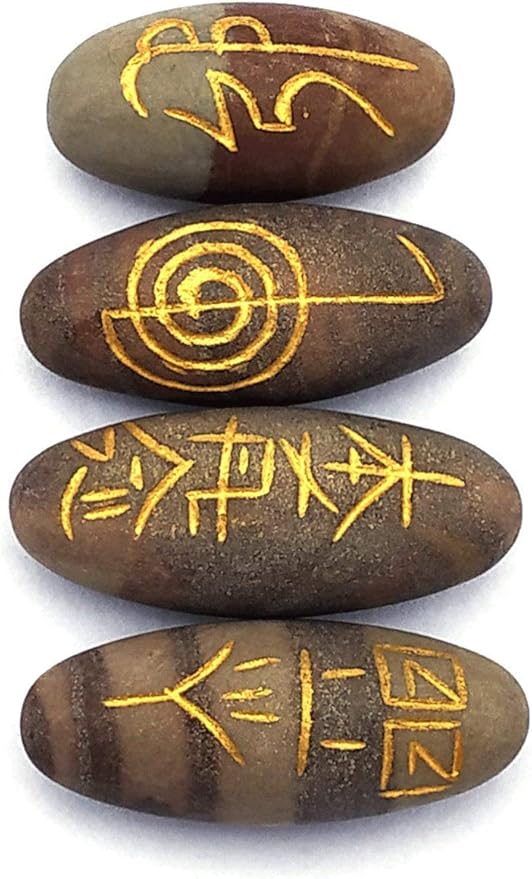 Amazing Gemstone Shiva Lingam Crystal Reiki Stones with Engraved Symbols for Usui Reiki Healing, Set of 4 Pcs (Indian Handmade Reiki Gift Set)