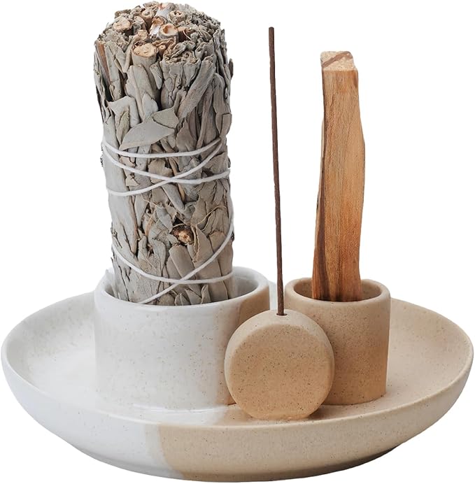 4 in 1 Incense Holder, Ceramic Incense Stick and Palo Santo Holder,Sage Holder for Burning- 5.5" Ceramic Ash Catcher Tray for Meditation and Yoga Room (White Sand)